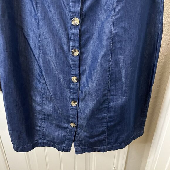 A New Approach Chambray Button Up Dress Ruffle Short Sleeve Womens Size L Blue - Picture 3 of 9